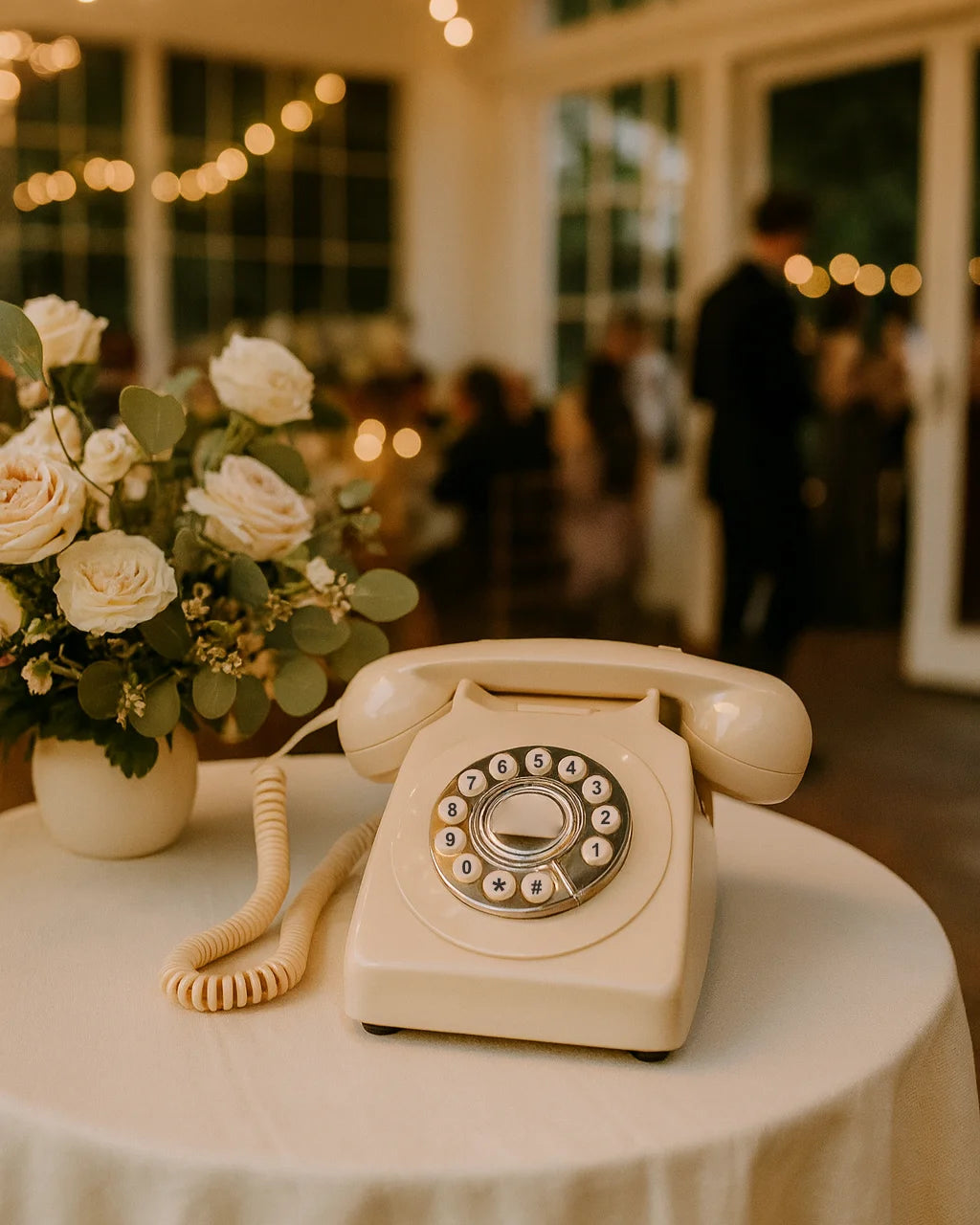 Ivoorkleurige vintage telefoon als audio gastenboek op een gedekte trouwtafel