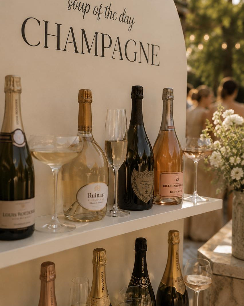 Houten champagnemuur met gevulde glazen tijdens een trouwreceptie