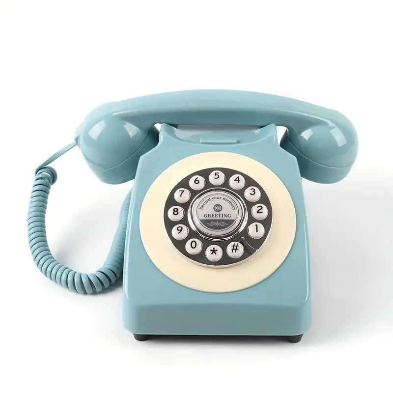 Blauwe vintage telefoon als audio gastenboek