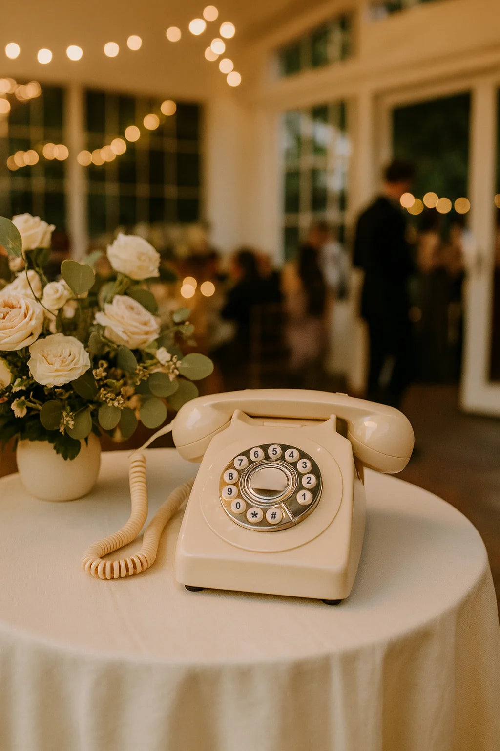 Ivoorkleurige vintage telefoon als audio gastenboek op een gedekte trouwtafel