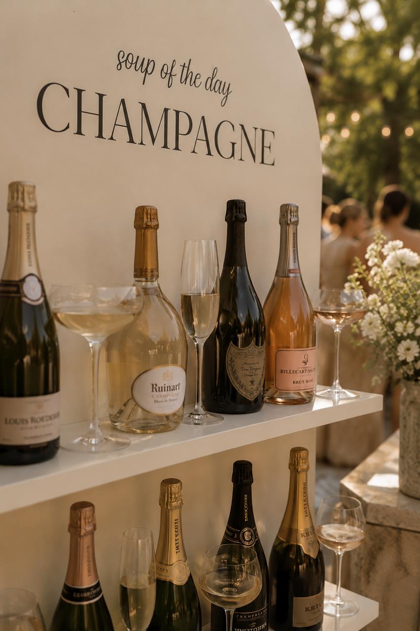 Houten champagnemuur met gevulde glazen tijdens een trouwreceptie