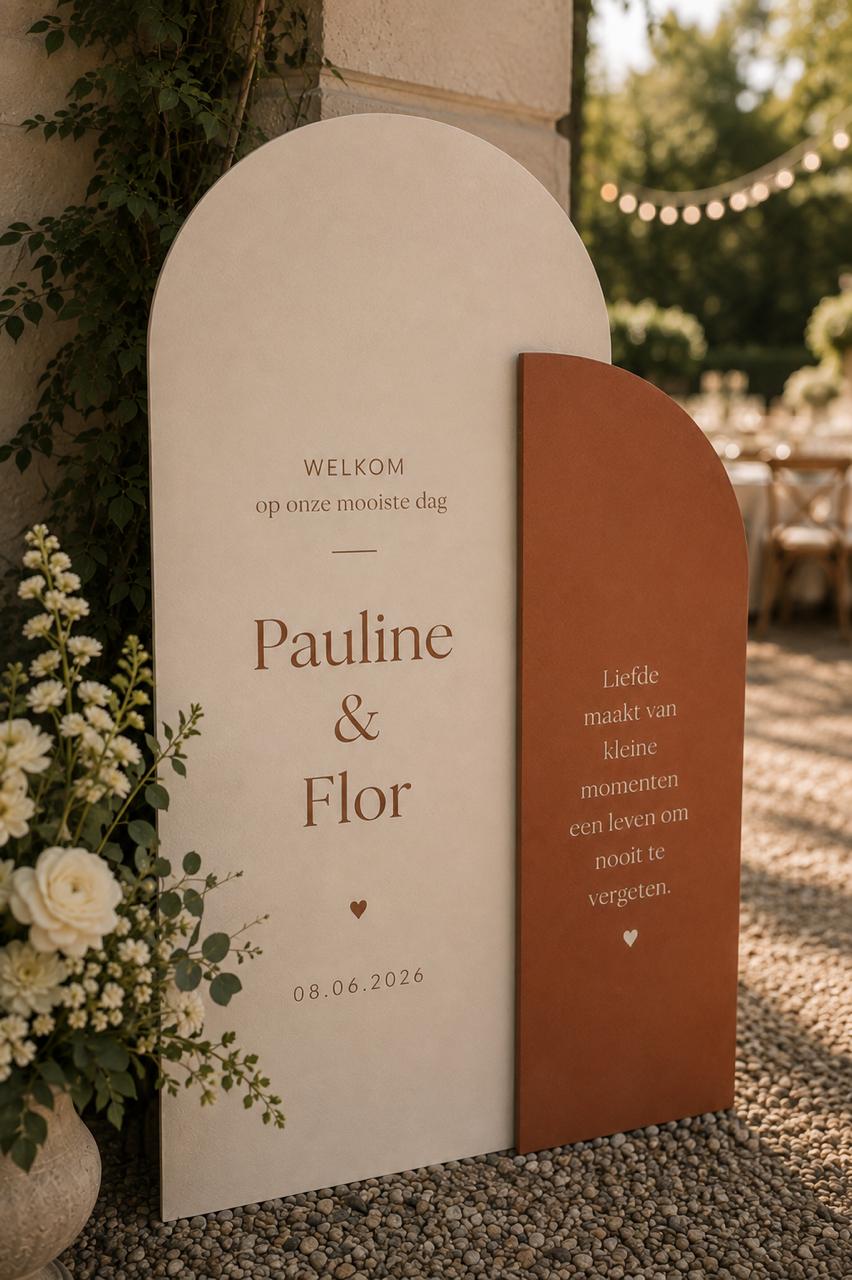 Twee houten bogen met welkomsttekst en bloemwerk bij de ingang van een trouwlocatie